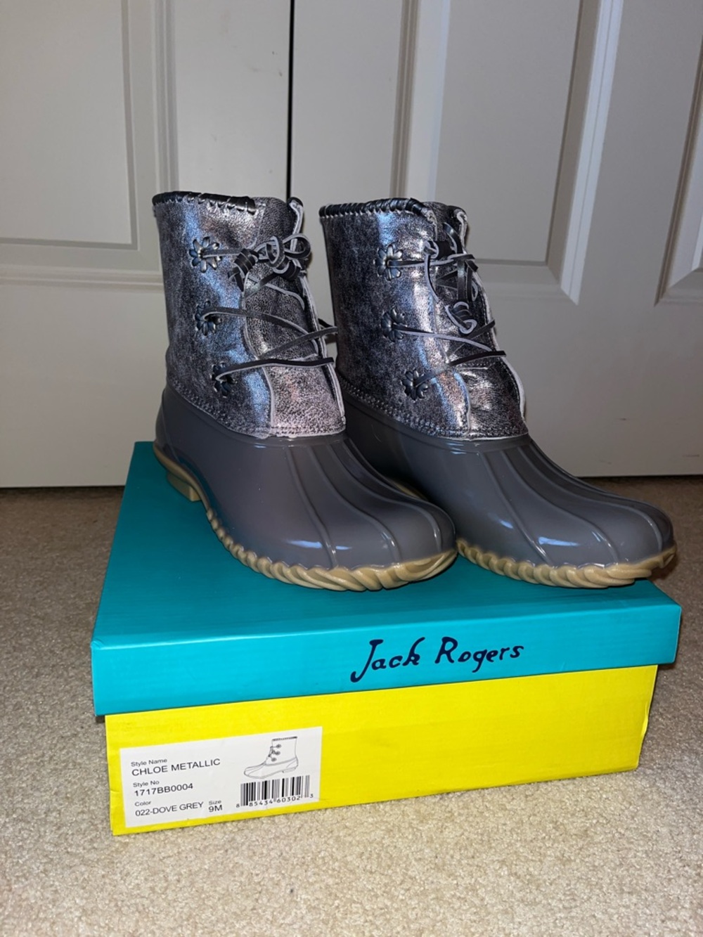Jack Rogers Metallic Grey Duck Boots with Tan Outsole